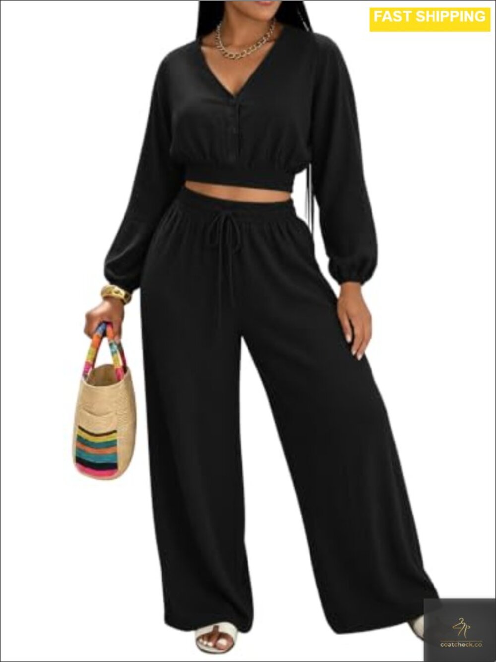 Linen-Feel V-Neck Button-Up Top & Wide Leg Pant Two Piece Set